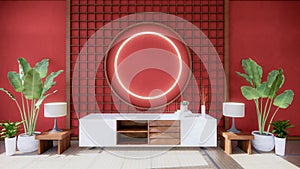 Cabinet wooden in red empty interior room sstyle, 3d rendering photo