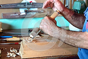 Cabinetmaker carving a piece of wood with chisel photo