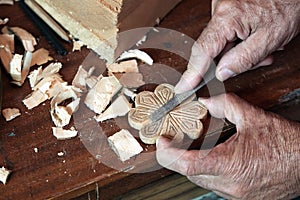 Cabinetmaker's hands using rasp on a piece of wood photo