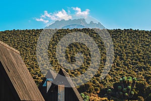 Cabins against a Mountain background, Mount Kilimanjaro, Tanzania