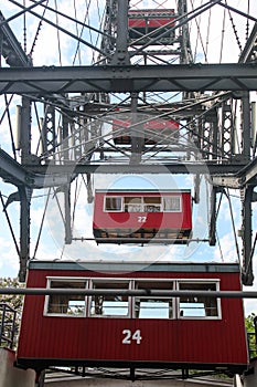 Cabins and the design of a ferris wheel in an amusement park in Vienna. Austria