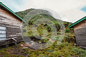 Cabins in Mountains against Mount Muhabura in the Mgahinga Gorilla National Park, Uganda