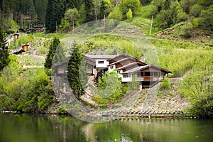 Cabins near a mountain lake