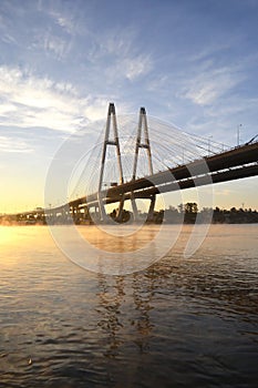 Cable-braced bridge across the river Neva