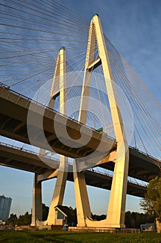 Cable-braced bridge across the river Neva