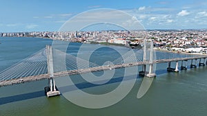 Cable bridge at  Aracaju Sergipe Brazil. Aerial downtown cityscape.
