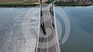 Cable bridge at  Aracaju Sergipe Brazil. Aerial downtown cityscape.