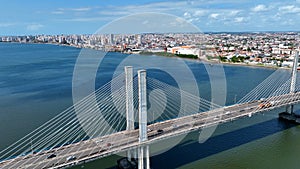 Cable bridge at  Aracaju Sergipe Brazil. Aerial downtown cityscape.