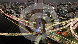 Cable Bridge At Night City In Sao Paulo Brazil.
