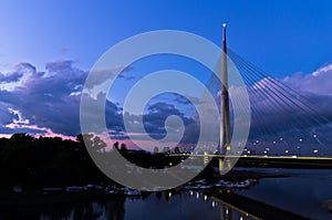 Cable bridge at twilight over Sava river near Ada island, Belgrade