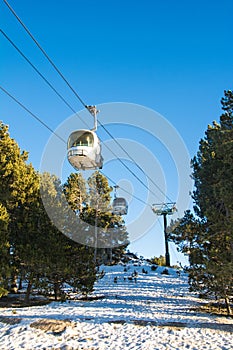 Cable cabins in French Pyrenees in winter