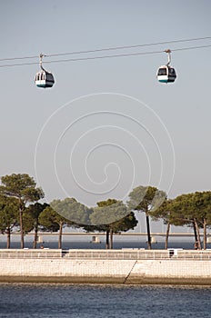 A cable car above an alley next to the river Tejo photo
