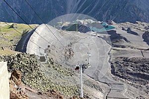 Cable car against the background of the high Caucasian mountains