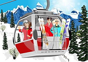 Cable car or booth carrying skiers in mountains