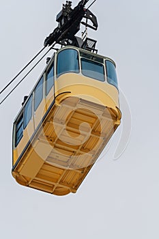 Cable car cabin with a view from below and the sky in the background