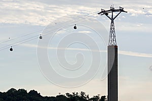 Cable car and cable car rails or Gondola lift and Tall concrete Post in Sentosa Singapore