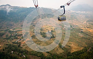 Cable car carrying passengers to Fansipan (3,143 m) mountain the highest mountains peak in Vietnam.