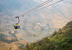 Cable car carrying passengers to Fansipan (3,143 m) mountain the highest mountains peak in Vietnam.