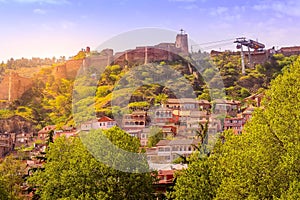 Cable car and citadel in Tbilisi, Georgia