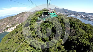 Cable car climbing Sugar Loaf mountain in Rio de Janeiro Brazil