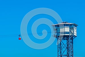 Cable car connecting Barceloneta beach and Montjuic castle in Barcelona, Spain