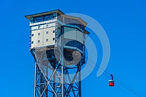 Cable car connecting Barceloneta beach and Montjuic castle in Barcelona, Spain