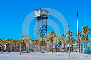 Cable car connecting Barceloneta beach and Montjuic castle in Barcelona, Spain