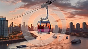 The cable car crosses the Thames of London during sunset with skyline scenery, Generative AI