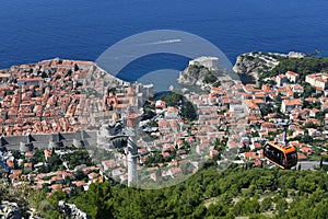 Cable Car descending towards Dubrovnik Old Town on a sunny July day