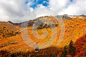 A cable car flying over the beautiful autumn valley in Tateyama Kurobe Alpine Route, Toyama, Japan