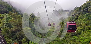 Cable car at genting highlands, malaysia in a foggy weather with green grass visible from inside cable car