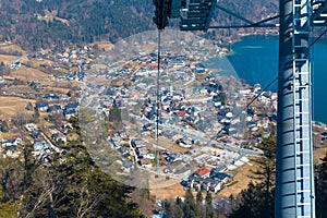 Cable car with gondola lift on the ZwÃ¶lferhorn at Lake Wolfgang with Sankt Gilgen in the Salzkammergut