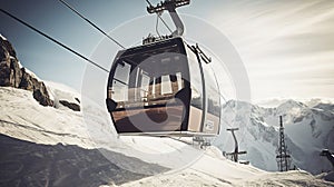 Cable car gondola at ski resort with snowy mountains on background. Generative Ai