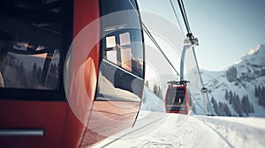 Cable car gondola at ski resort with snowy mountains on background. Generative Ai