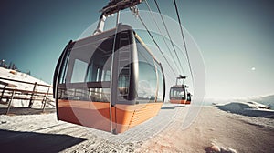 Cable car gondola at ski resort with snowy mountains on background. Generative Ai