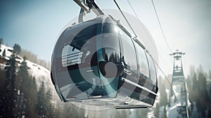 Cable car gondola at ski resort with snowy mountains on background. Generative Ai