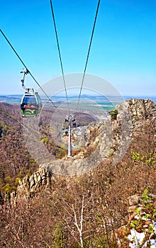 Cable car gondola in Thale with blue sky. Saxony-Anhalt, Harz, Germany