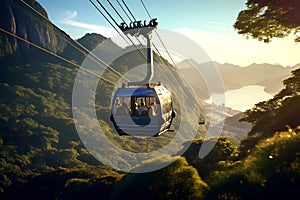 cable car high in green forested mountains