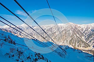 Cable car line of Tateyama Kurobe alpine  in sunshine day with  blue sky background is one of the most important and popular