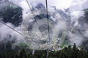 Cable car on the mountain slope cable cars running up and down