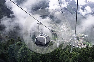 Cable car on the mountain slope cable cars running up and down