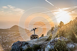 Cable car moving to the summit of Mount Srd, Croatia