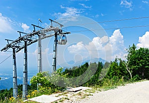 Cable car over alpine forest.