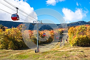 Cable car over a forested slope at the peak of fall foliage colors