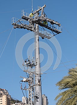 Cable car pillar installation on blue sky background