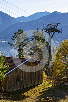 Cable car post in the mountain during Fall