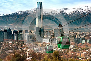 Cable car in San Cristobal hill, overlooking a panoramic view of Santiago