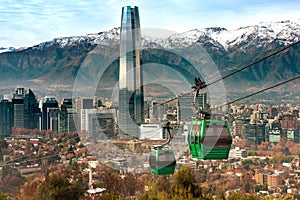 Cable car in San Cristobal hill, overlooking a panoramic view of Santiago photo