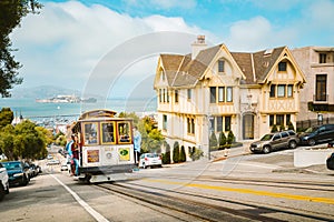 Cable Car in San Francisco climbing up hill, California, USA