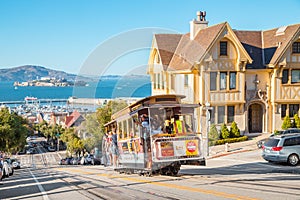 Cable Car in San Francisco climbing up hill, California, USA
